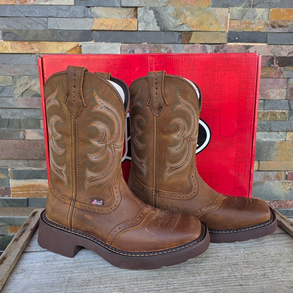 Justin Boots INJI Brown Water Buffalo Wide Square Toe Boots Size 6.5B GY9984 NEW